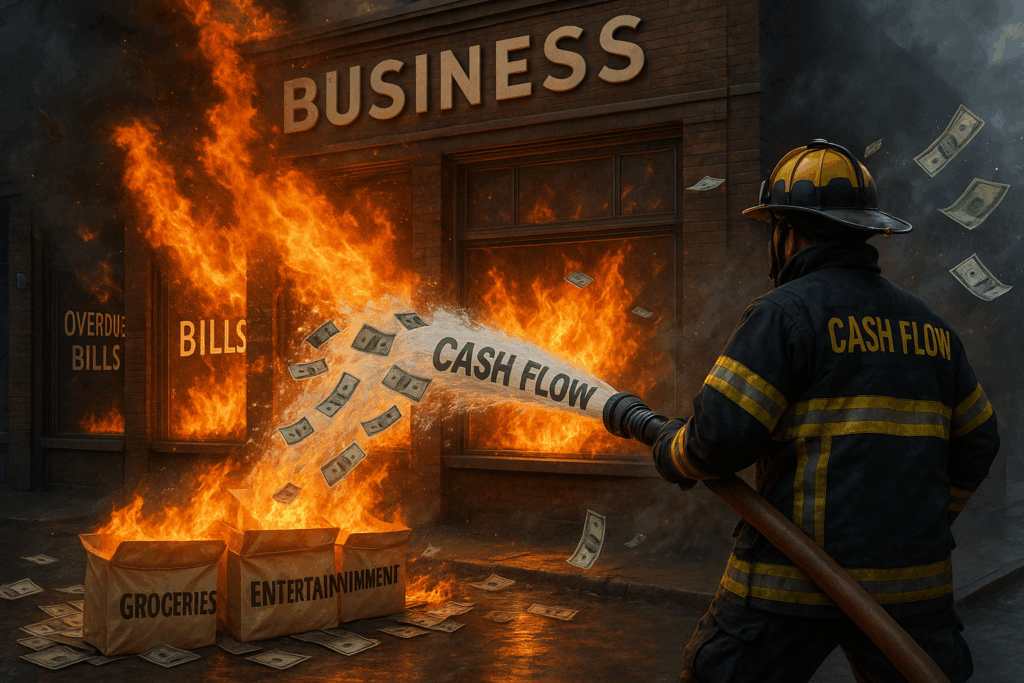 firefighter putting out a fire with money
