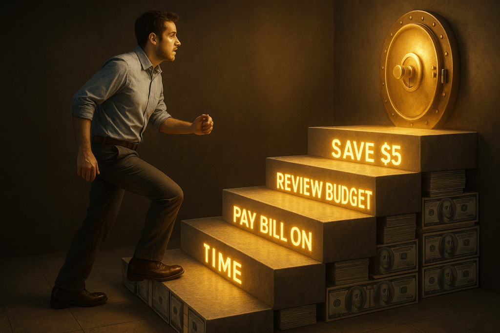 guy walking up budgeting steps