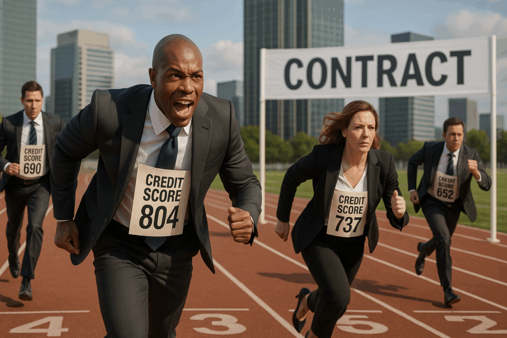 business men running towards a contract