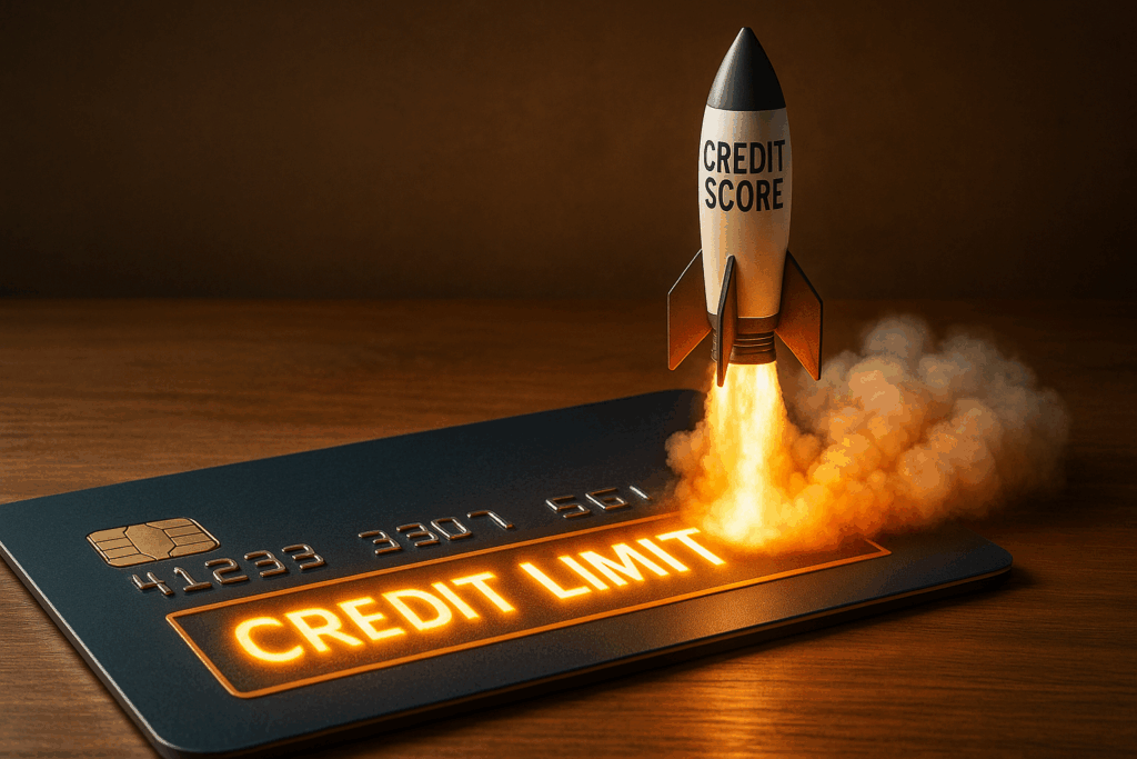 rocketship blasting off a credit card