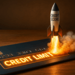 rocketship blasting off a credit card