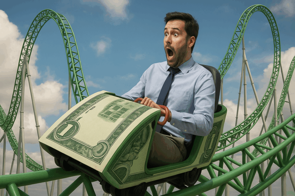 man riding money rollercoaster